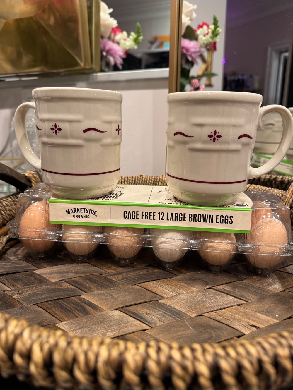 Longaberger White Ceramic Mugs with Burgundy Trim Set of 2